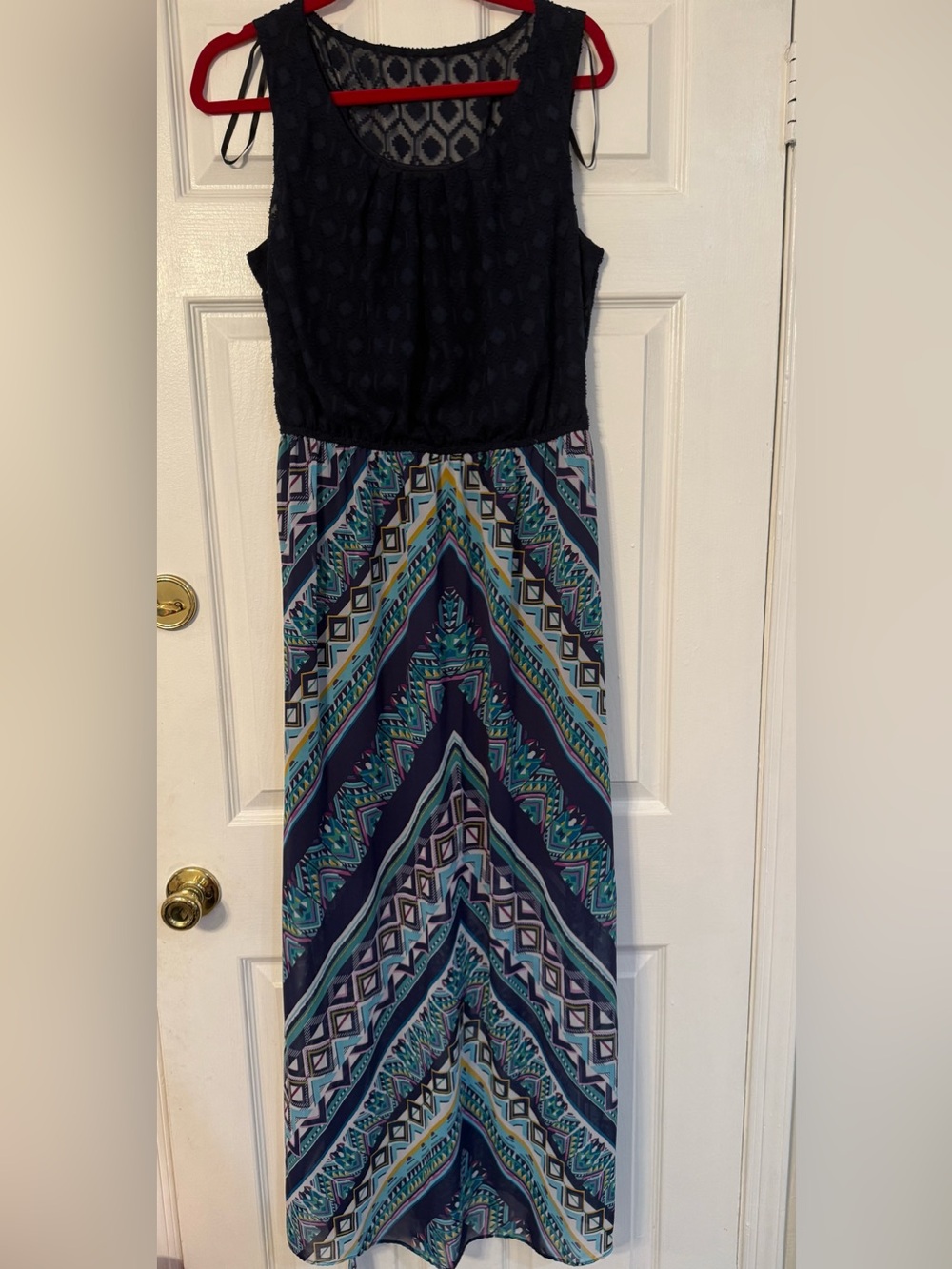 AB Studio Navy Lace Top Maxi with Teal and Purple Chevron Print